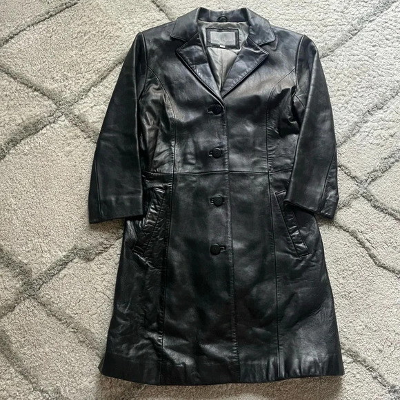 Juliet Michelle Adler black genuine leather trench coat longer length small - Picture 1 of 13
